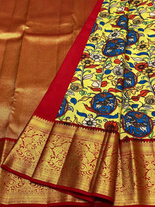 Classic Neon Yellow & Chilly Red Kalamkari Digital Print Bridal Elegance Kanchipuram Handloom Silk Saree SS23911