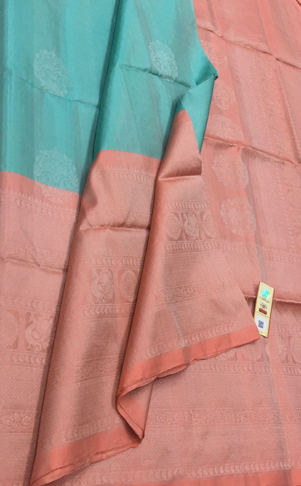 Classic Aqua & Peach Handloom Soft Silk Saree SS22947