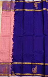 Classic Baby Pink & Royal Blue Elegance Kanchipuram Handloom Silk Saree SS25495