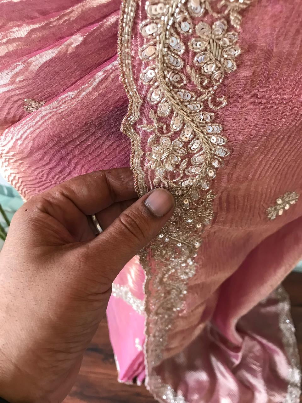 Classic Pastel Pink Handwork Elegance Crushed Tissue Silk Saree SS25697