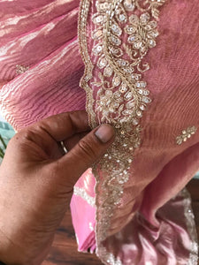 Classic Pastel Pink Handwork Elegance Crushed Tissue Silk Saree SS25697