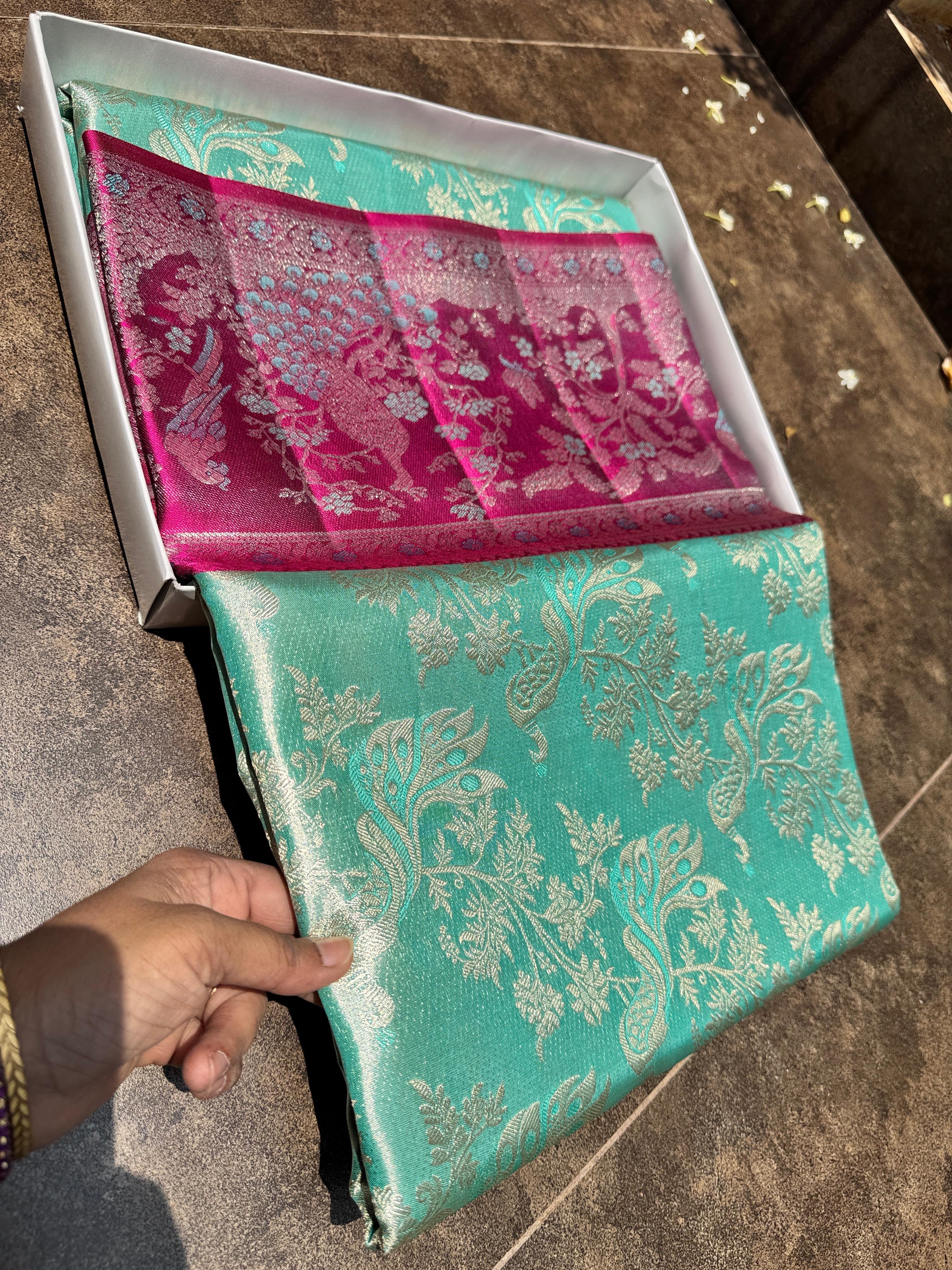 Classic Aqua & Deep Pink Meenakari Bricade Bridal Elegance Kanchipuram Handloom Silk Saree SS25333