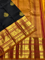 Load image into Gallery viewer, Classic Charcoal Black &amp; Mustard 2gm Zari Kanchipuram Handloom Silk Saree SS25829
