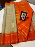 Load image into Gallery viewer, Classic Cream Checker &amp; Orange 2gm Zari Elegance Kanchipuram Handloom Silk Saree SS24719
