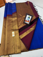 Load image into Gallery viewer, Classic Robin Blue &amp; Red  Maroon Temple Border Elegance Kanchipuram Handloom Silk Saree SS20655
