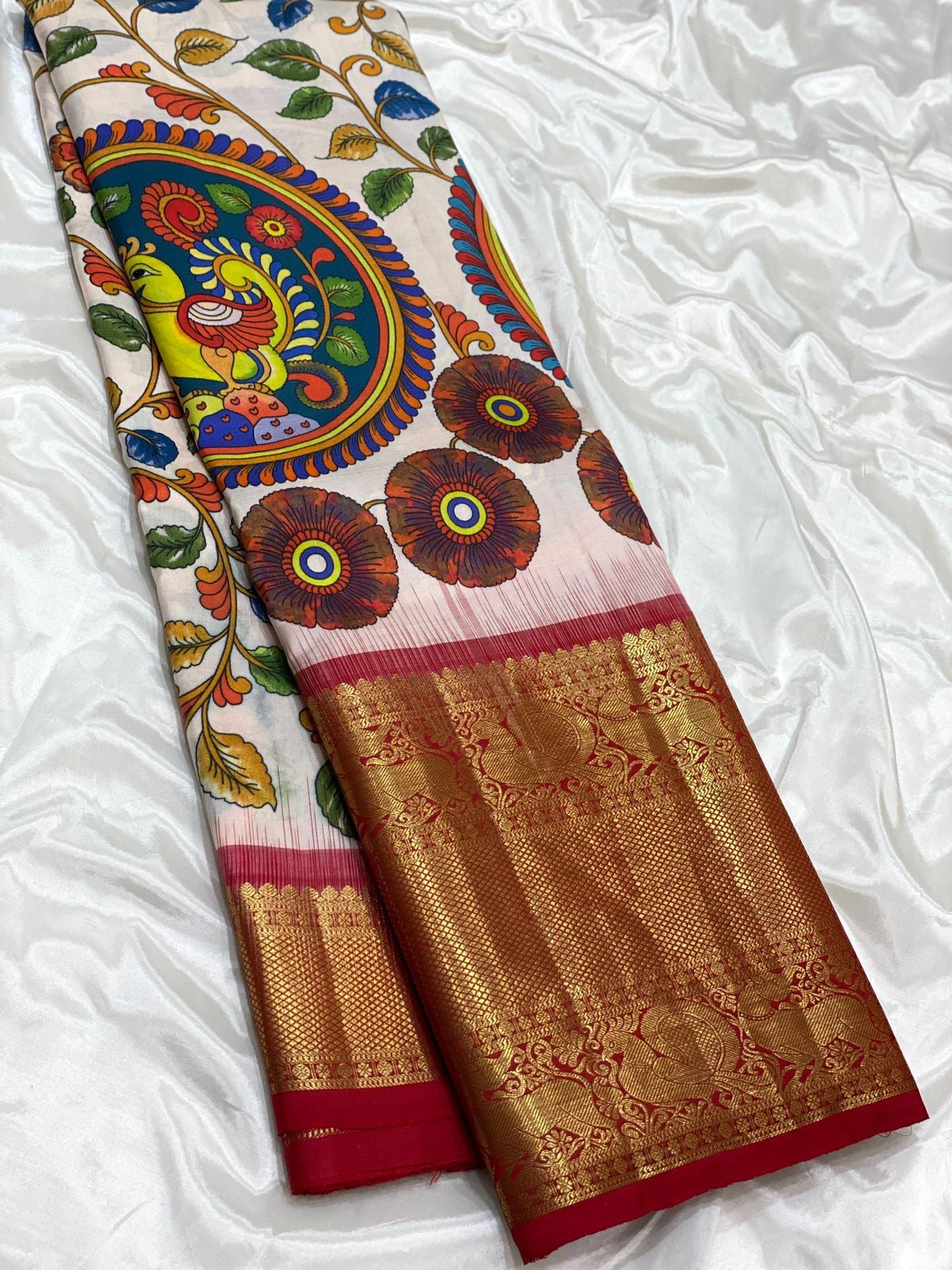 Classic Butter Cream & Chilly Red Kalamkari Digital Print Bridal Elegance Kanchipuram Handloom Silk Saree SS23910