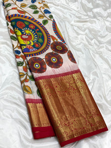 Classic Butter Cream & Chilly Red Kalamkari Digital Print Bridal Elegance Kanchipuram Handloom Silk Saree SS23910