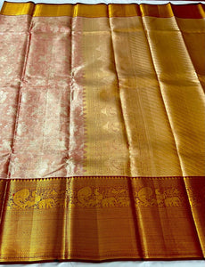 Pastel Cocoa Rose & Barn Red 2gm Zari Bridal Elegance Kanchipuram Handloom Silk Saree SS24062