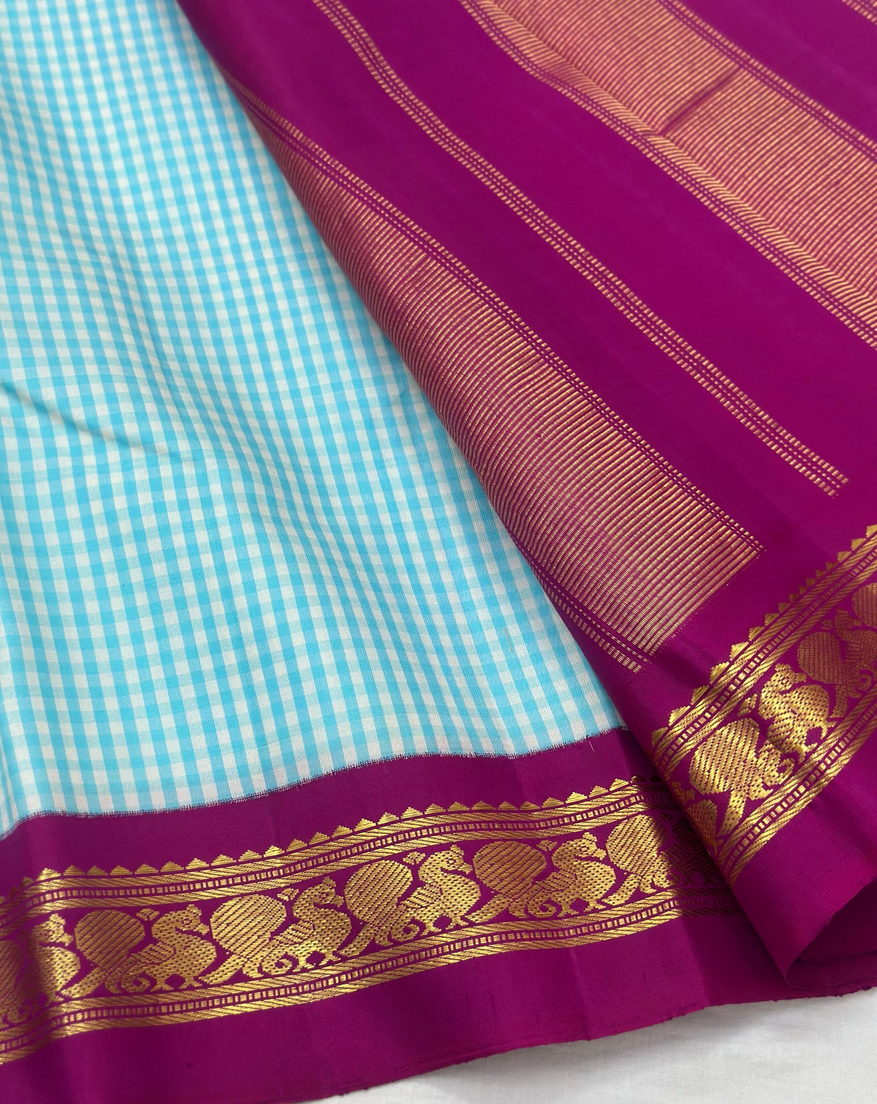 Classic Sky Blue & Plum 2gm Zari Elegance Kanchipuram Handloom Silk Saree SS24733