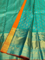 Load image into Gallery viewer, Classic Sea Green &amp; Orange Brocade 2gm Zari Bridal Elegance Kanchipuram Handloom Silk Saree SS24378
