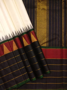 Classic Butter Cream & Charcoal Black Elegance Kanchipuram Handloom Silk Saree SS24505