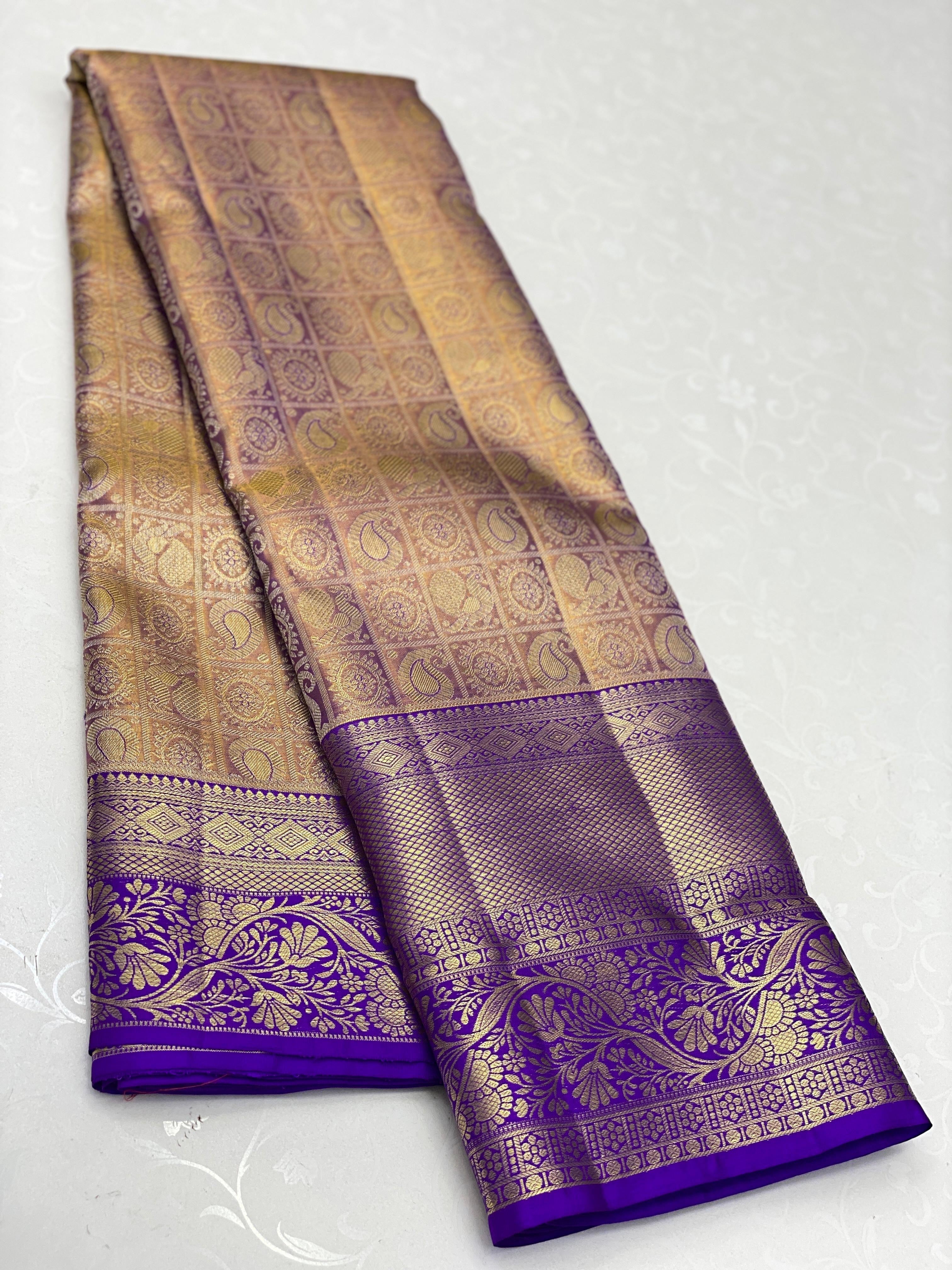 Classic Golden Beige & Lavender 1gm Zari Kanchipuram Handloom Silk Saree SS25699