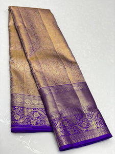 Classic Golden Beige & Lavender 1gm Zari Kanchipuram Handloom Silk Saree SS25699