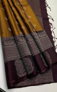 Classic Golden Mustard & Dark Chocolate Elegance Handloom Soft Silk Saree SS24559