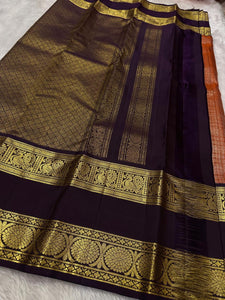 Classic Shimmer Coral Orange & Charcoal Black Bridal Elegance Kanchipuram Handloom Silk Saree SS23399