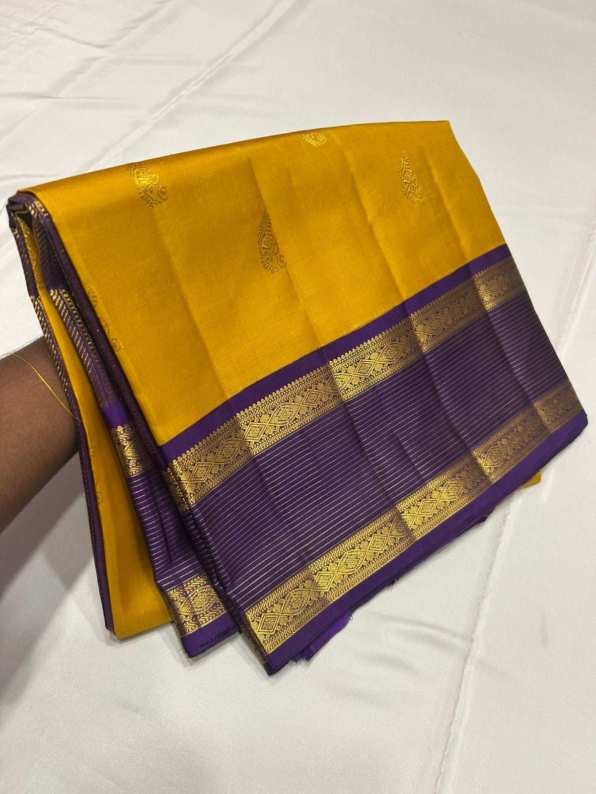 Classic Mango Yellow & Vadamalli Purple  2gm Zari Kanchipuram Handloom Silk Saree SS25840