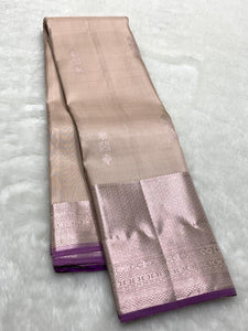 Classic Pearl Beige & Purple 2gm Zari Bridal Elegance Kanchipuram Handloom Silk Saree SS25430
