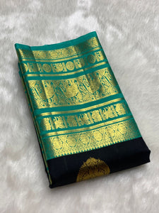 Classic Charcoal Black & Sea Green 2gm Zari Kanchipuram Handloom Silk Saree SS25830