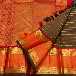 Classic Moss Brown & Orange 2gm Zari Elegance Kanchipuram Handloom Silk Saree SS24449