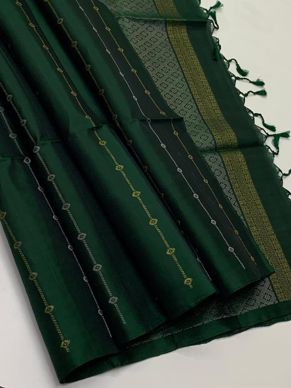 Classic Bottle Green Double Warp Elegance Handloom Soft Silk Saree SS26417