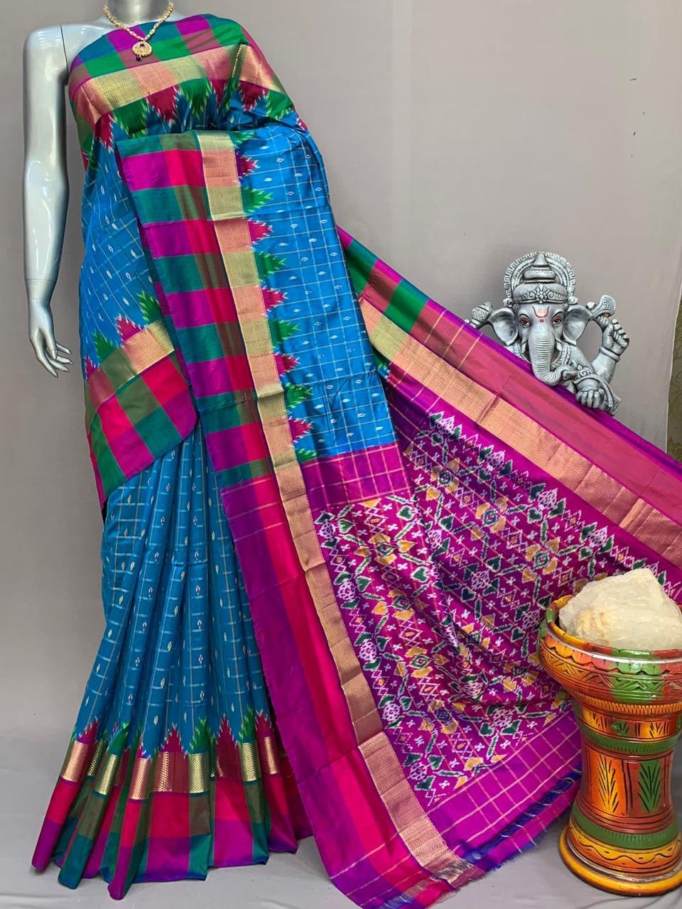 Classic Teal Blue & Purple Ikkat Elegance Handloom Soft Silk Saree SS23128