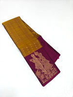 Load image into Gallery viewer, Classic Mustard &amp; Wine Red 2gm Zari Korvai Elegance Kanchipuram Handloom Silk Saree SS27106
