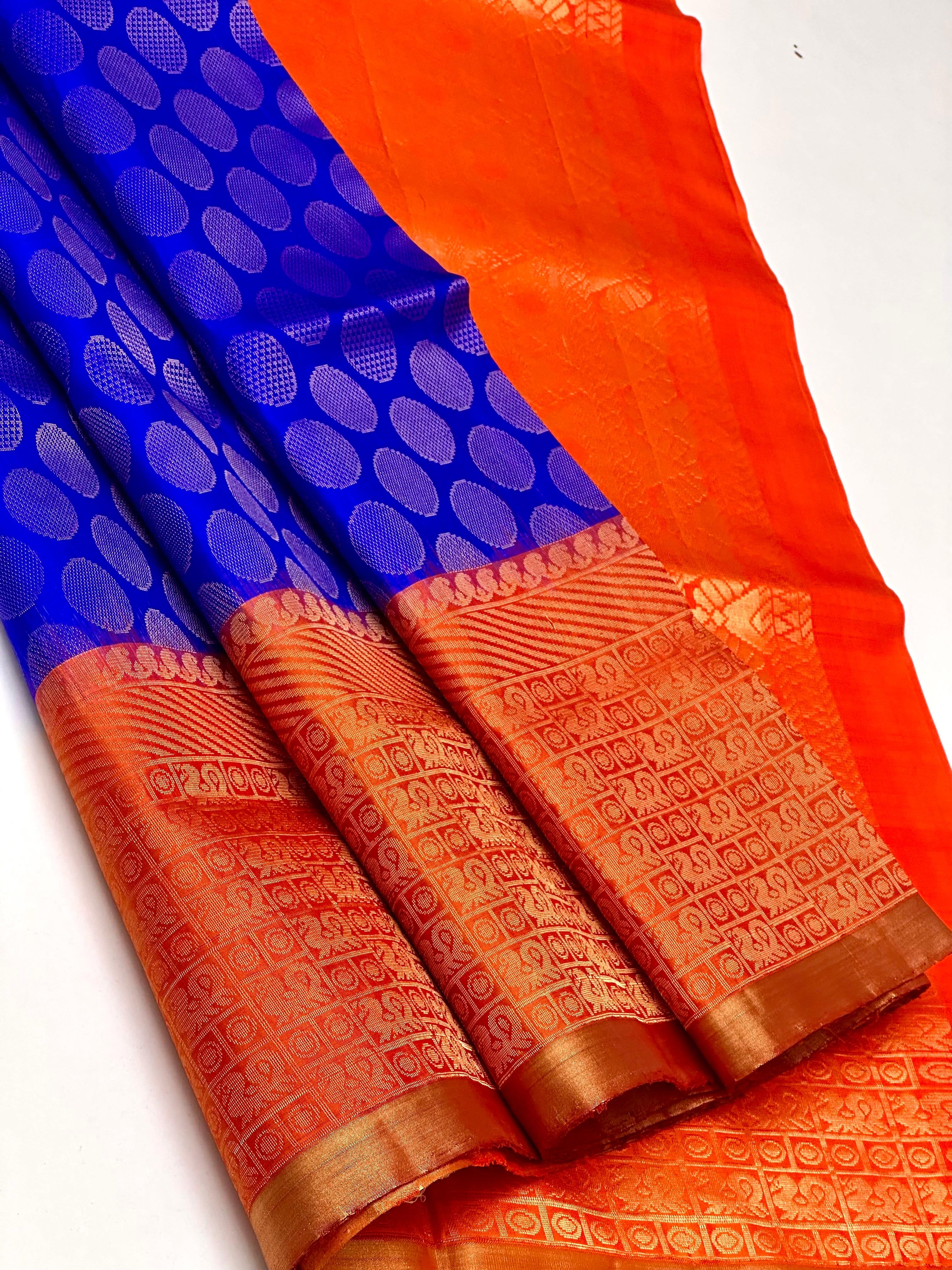Classic Royal Blue & Fiery Orange Double Warp Elegance Handloom Soft Silk Saree SS26646