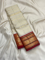 Load image into Gallery viewer, Classic Butter Cream &amp; Crimson Red 2gm Zari Beldari Korvai Bridal Elegance Kanchipuram Handloom Silk Saree SS28367
