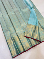 Load image into Gallery viewer, Classic Pastel Ice Blue Elegance Kanchipuram Handloom Silk Saree SS24705
