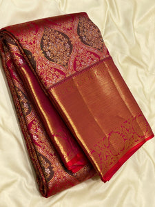 Classic Crimson Red 3gm Zari Meenakari Brocade Bridal Elegance Kanchipuram Handloom Silk Saree SS24705