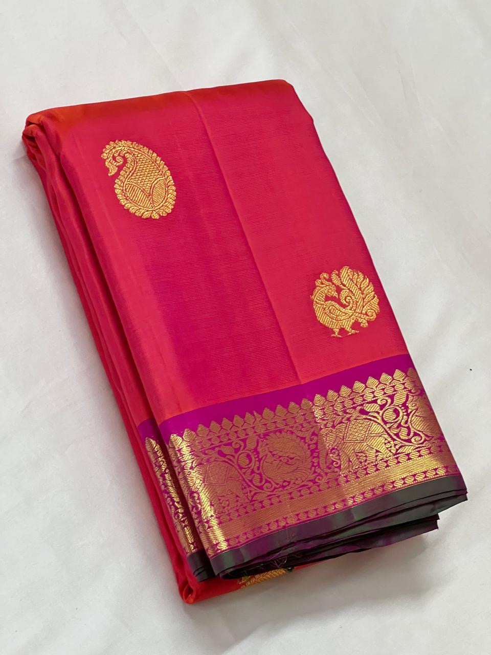 Classic Orange & Fuchsia Pink 2gm Zari Elegance Kanchipuram Silk Saree SS23874