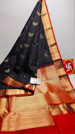 Load image into Gallery viewer, Classic Charcoal Black &amp; Chilli Red Double Warp Handloom Soft Silk Saree SS27845
