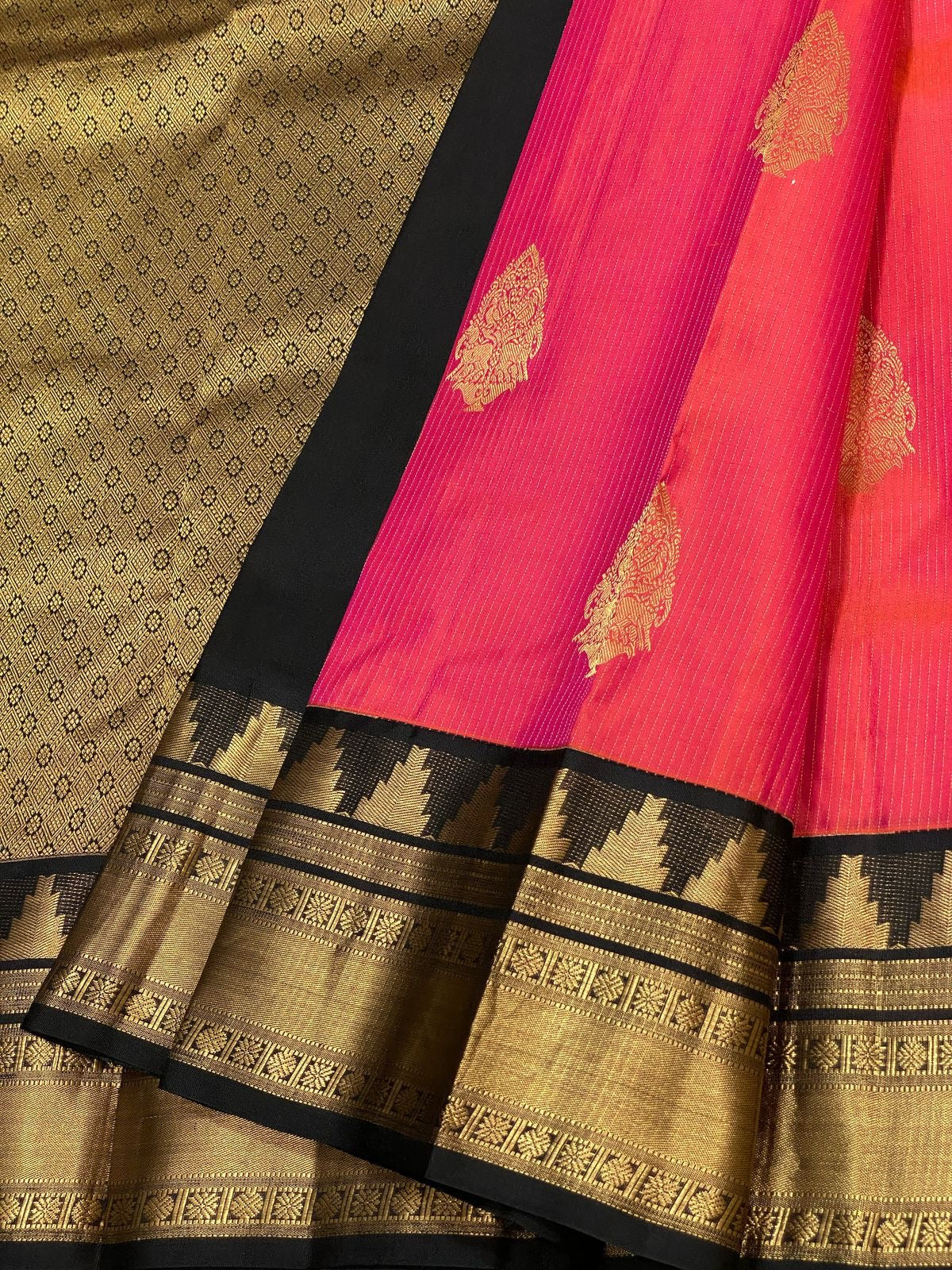 Classic Rose Pink & Charcoal Black 2gm Zari Elegance Kanchipuram Handloom Silk Saree SS24605