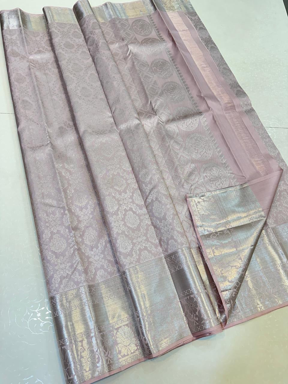 Classic Pastel Mauve Silver 2gm Zari Bridal Elegance Kanchipuram Handloom Silk Saree SS24363