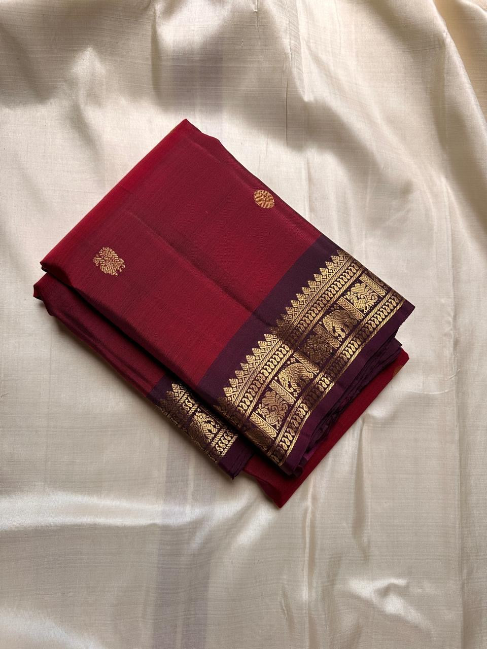 Classic Cherry Red & Dark Plum Elegance Kanchipuram Handloom Silk Saree SS24838