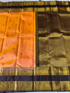 Classic Pastel Orange & Espresso 2gm Zari Elegance Kanchipuram Handloom Silk Saree SS23782