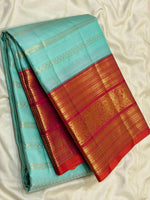Load image into Gallery viewer, Classic Aqua &amp; Orange 2gm Zari Vaira Oosi Beldari Vintage Elegance Kanchipuram Handloom Silk Saree SS26990
