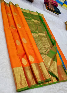 Classic Orange & Spring Green 1gm Zari Kanchipuram Handloom Silk Saree SS25783