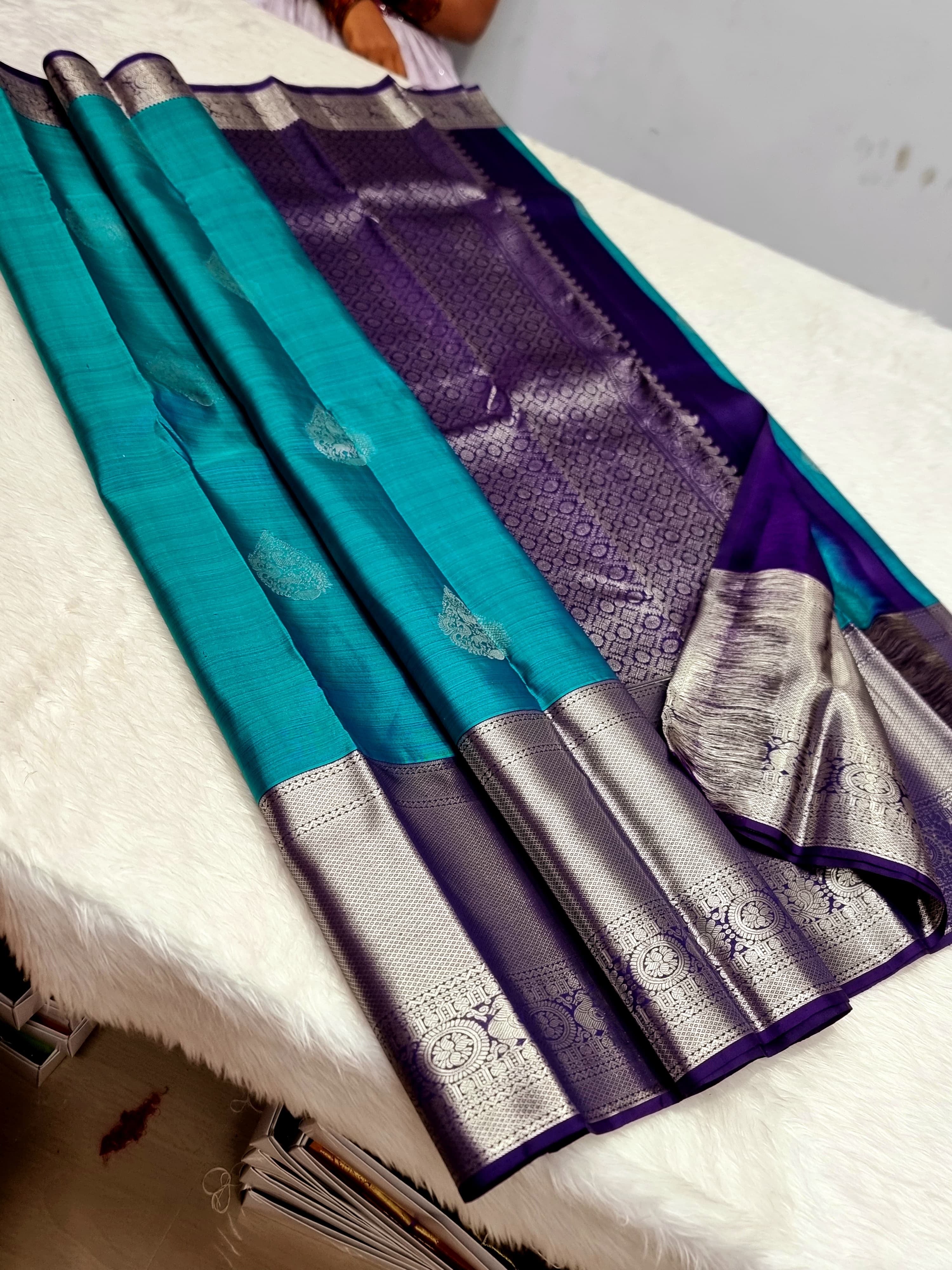 Classic Teal Blue & Violet 1gm Zari Elegance Kanchipuram Handloom Silk Saree SS24348