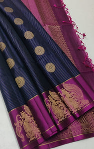 Classic Navy Blue & Wine Red Elegance Handloom Soft Silk Saree SS25537