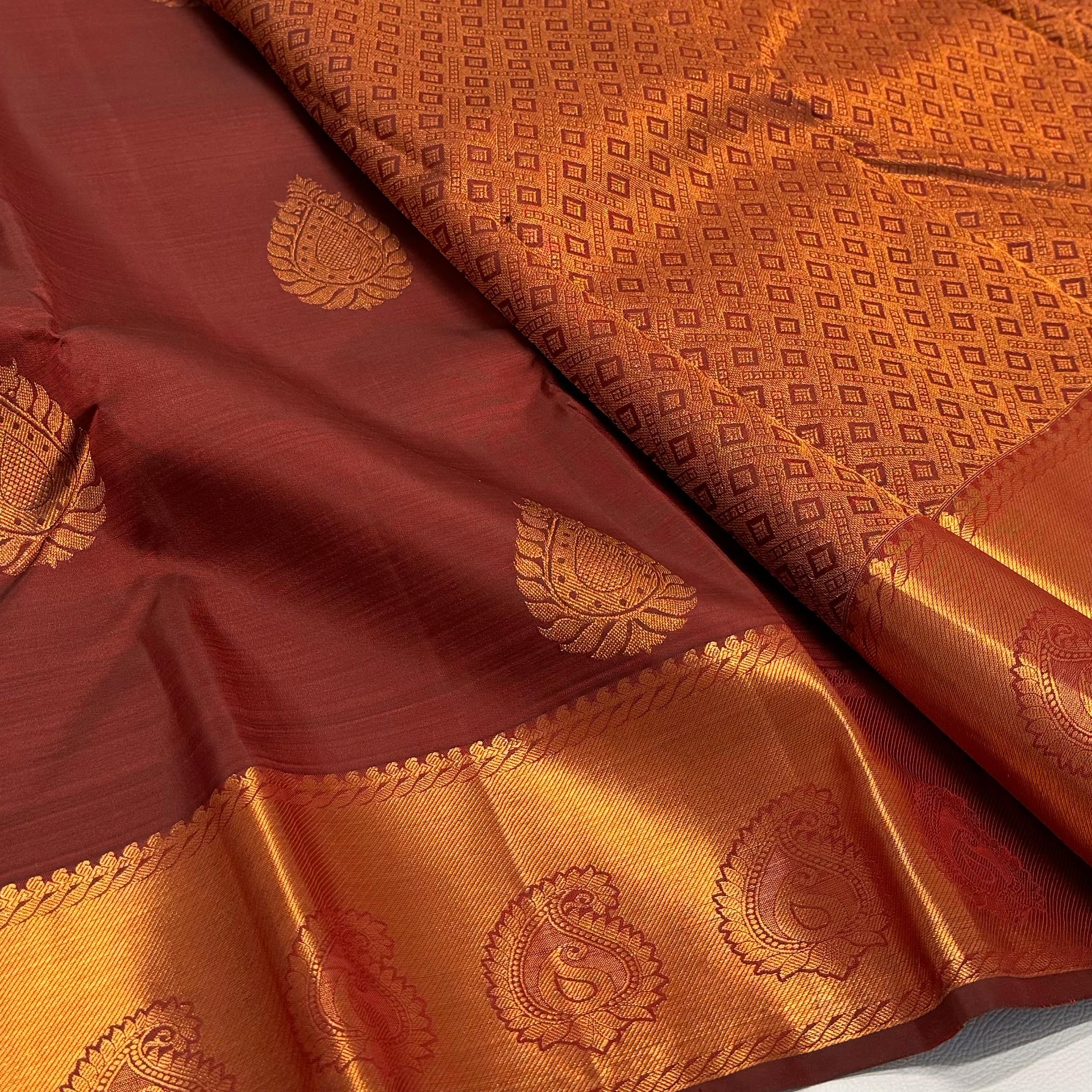 Classic Brown Red Rose Gold Zari Elegance Kanchipuram Handloom Silk Saree SS23586