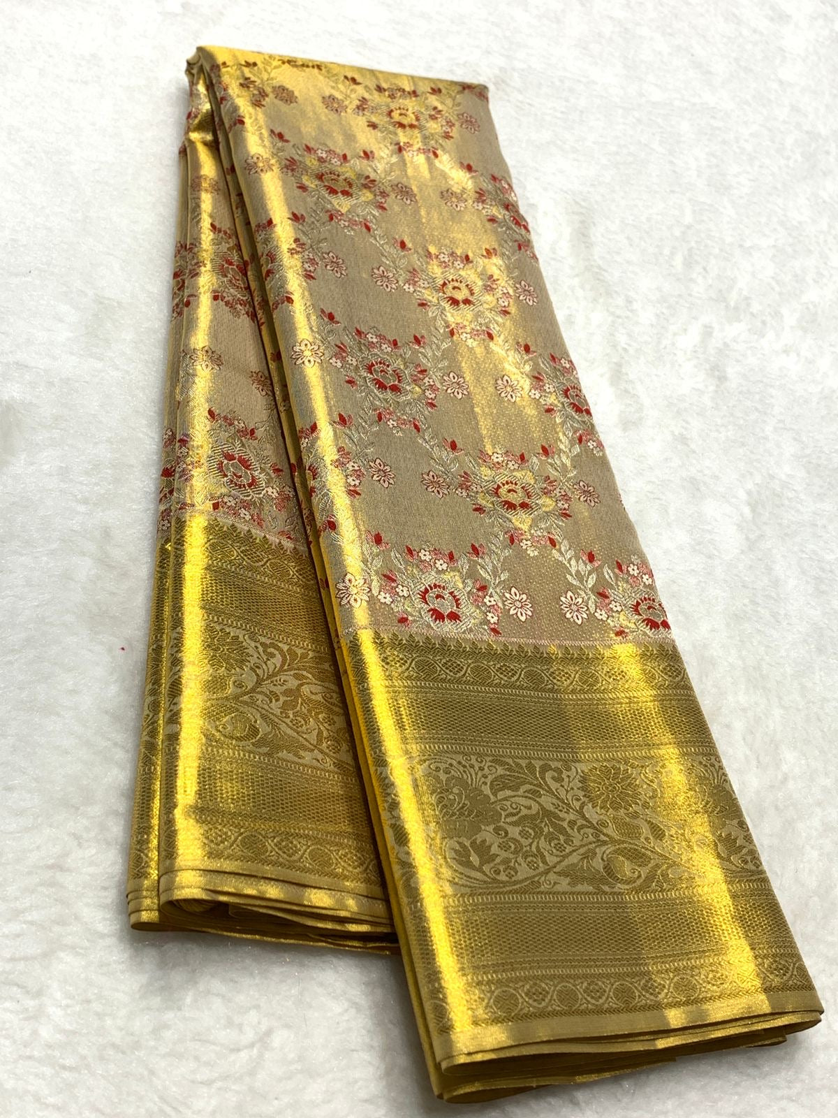 Classic Gold Cream 2gm Zari Bridal Designer Brocade Elegance Kanchipuram Tissue Handloom Silk Saree SS24217