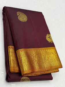 Classic Coffee Brown & Yellow 2gm Zari Elegance Kanchipuram Handloom Silk Saree SS23754