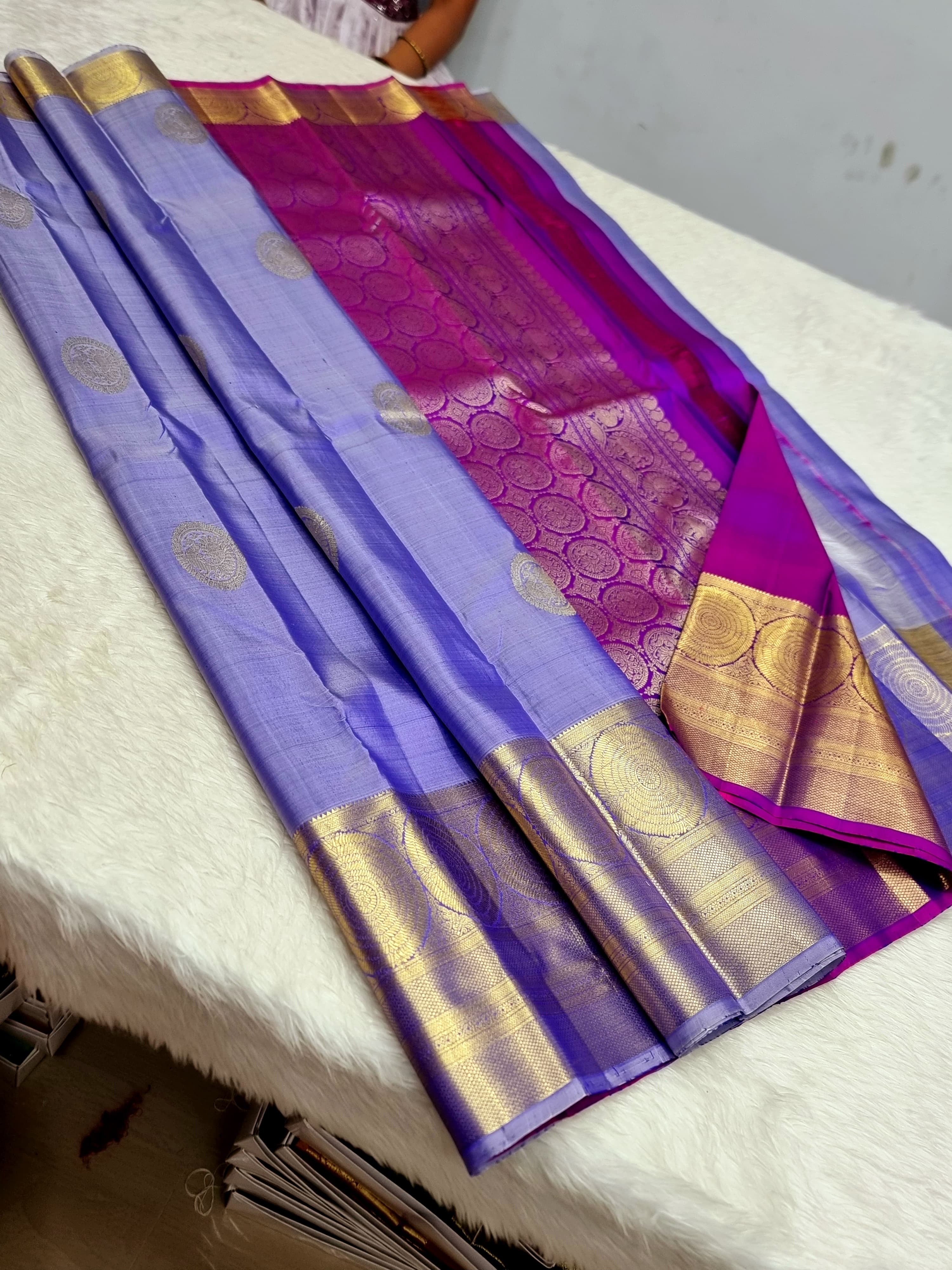 Classic Lavender & Wine Red 1gm Zari Elegance Kanchipuram Handloom Silk Saree SS24349