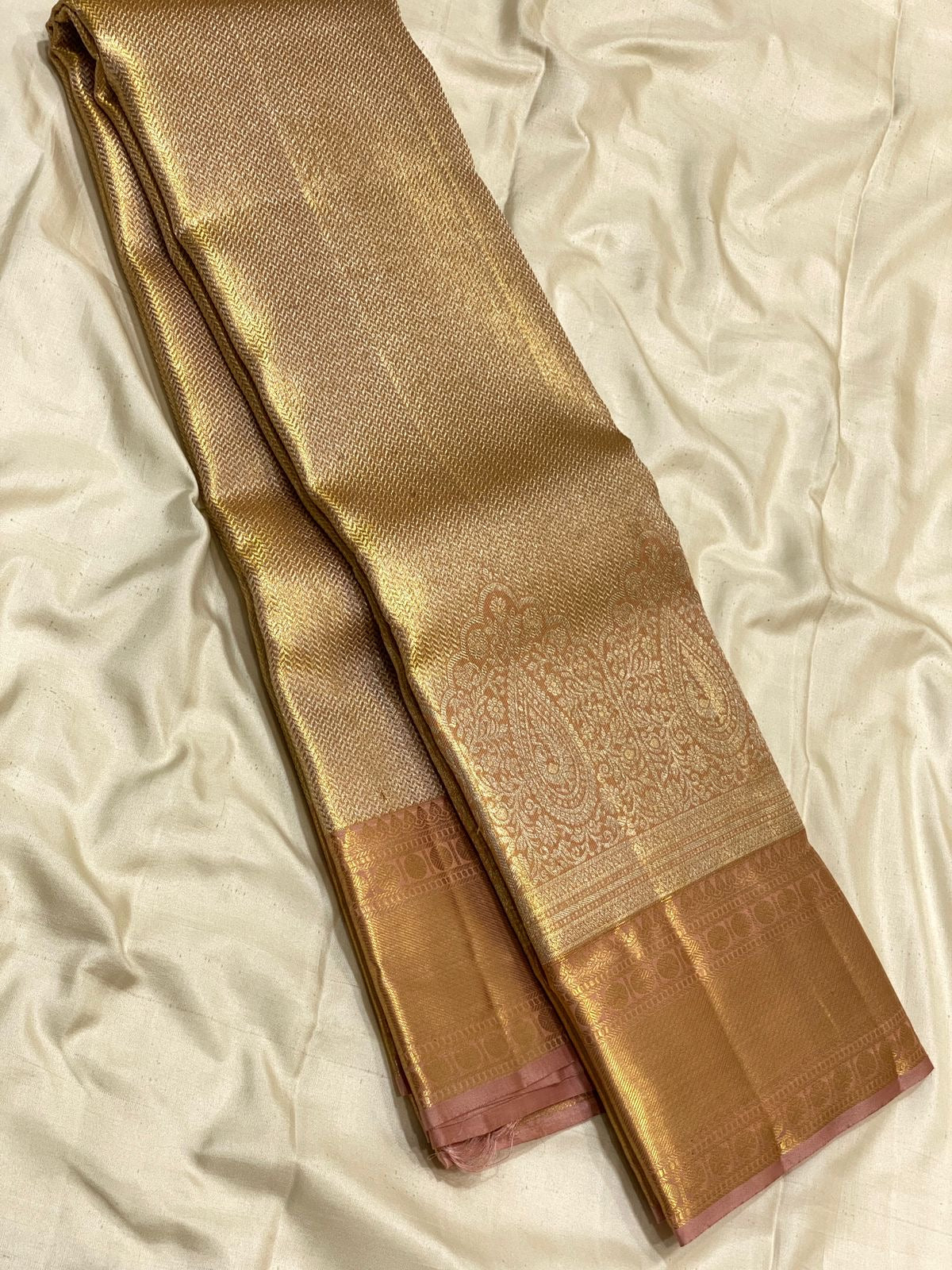 Pastel Gold Mauve 2gm Zari Brocade Tissue Bridal Elegance Kanchipuram Handloom Silk Saree SS26667