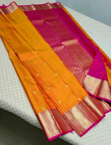 Classic Mango Yellow & Dark Pink Kanchipuram Handloom Silk Saree SS25889