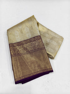 Classic Butter Cream & Violet 2gm Zari Bridal Elegance Kanchipuram Tissue Handloom Silk Saree SS24765