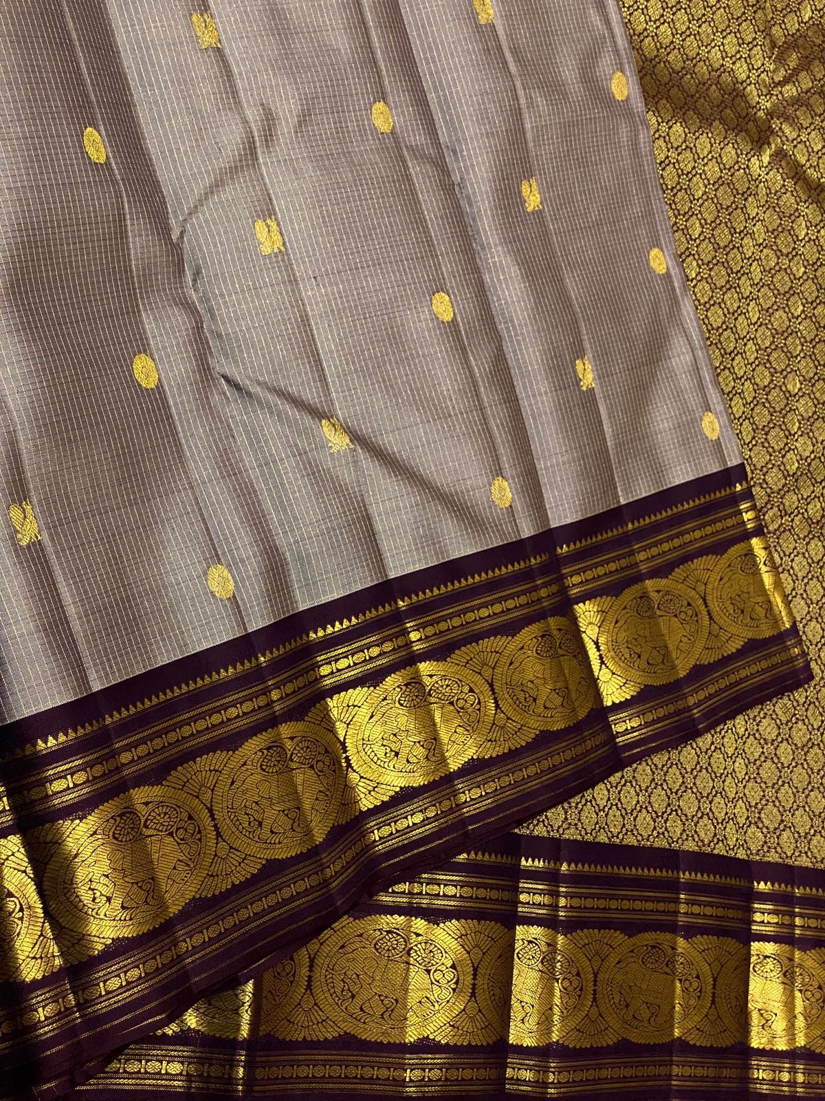 Classic Cement Grey & Chocolate Brown 2gm Zari Vaira Oosi Elegance Kanchipuram Handloom Silk Saree SS25327