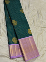 Load image into Gallery viewer, Classic Bottle Green &amp; Lilac 2gm Zari Vaira Oosi Checks Elegance Kanchipuram Handloom Silk Saree SS27619
