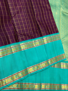 Classic Plum & Turquoise Green 2gm Zari Vaira Oosi Checks Butta Kanchipuram Handloom Silk Saree SS26322